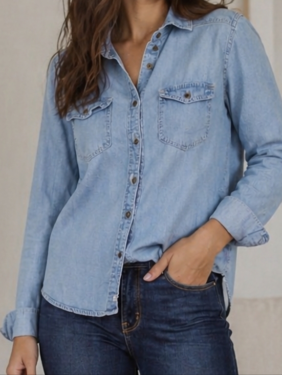 Tops - Light Blue Denim Button-Up Shirt